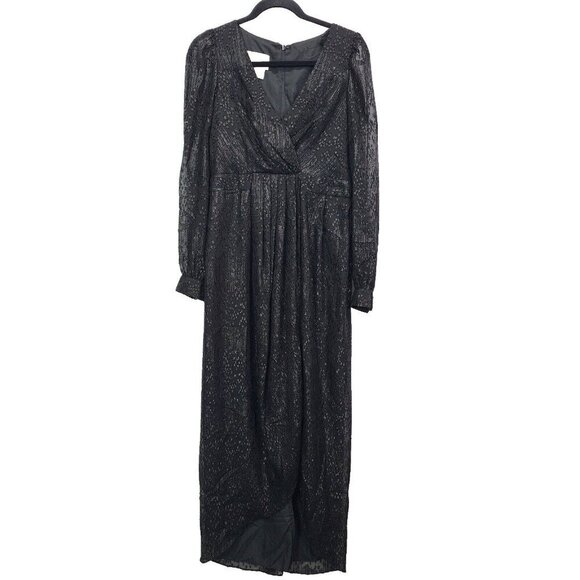 BHLDN Anthropologie Dress V Neck Long Sleeve Black‎ Sequin Empire Waist Size 6 - Picture 1 of 13